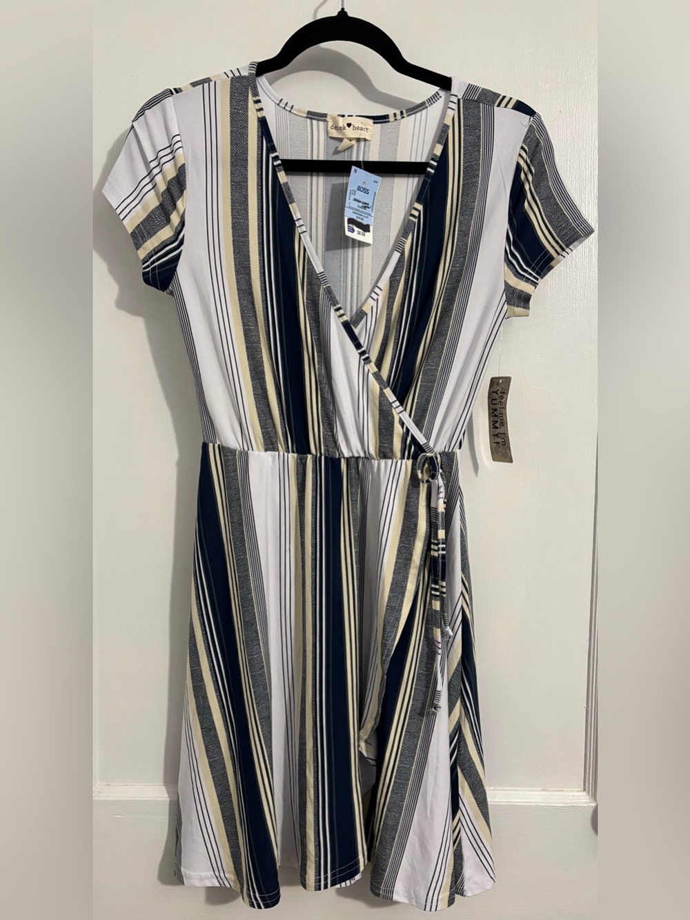 Derek Heart Navy, White & Beige Striped Wrap Mini Dress